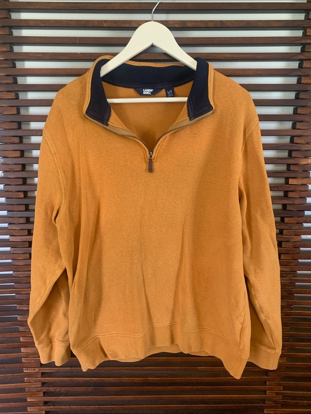 Lands’ End Men's Quarter-Zip Sweater - Mustard with Navy Trim